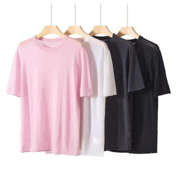 Women's Superfine Wool T-shirt Summer Solid-color Round-neck Short Sleeves Wool Pullover Top Printed Pattern
