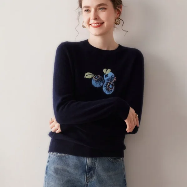 Fruit Jacquard Intarsia 100 Pure Cashmere Sweater Women Cute Patterned Pullover Crewneck Jumper