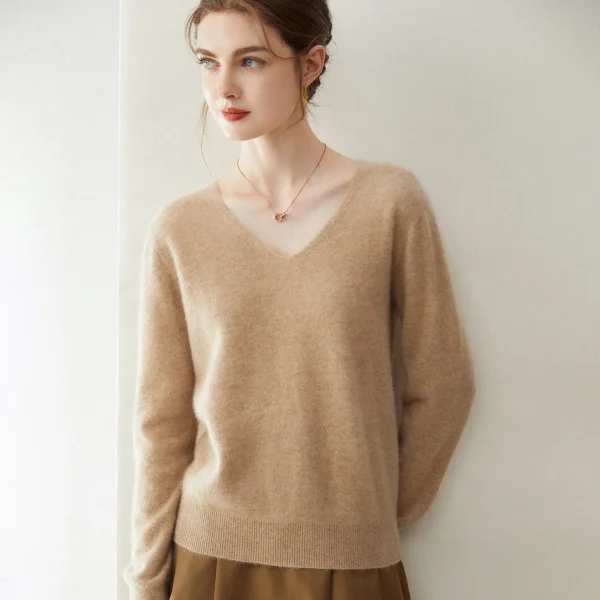 High Quality Women's Cashmere Sweater Solid Color Warm Knit Seamless V-neck Pullover for Spring Autumn
