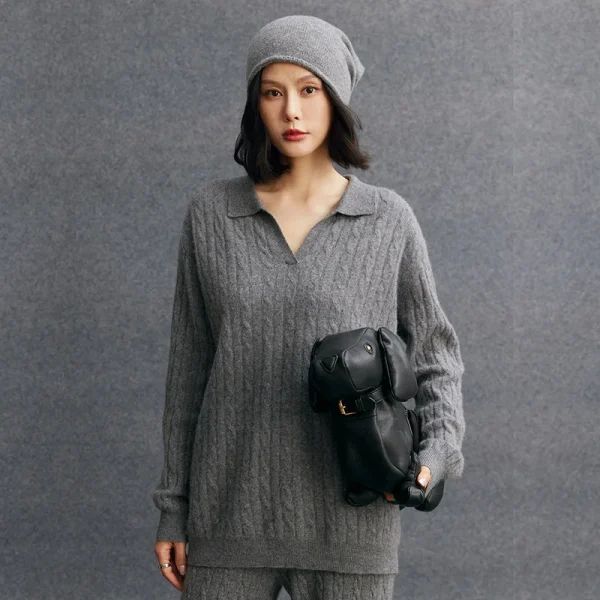 Mongolian Cashmere Pullover Classic Polo Collar Cable Knit Wool Cashmere Sweater Jumper for Women