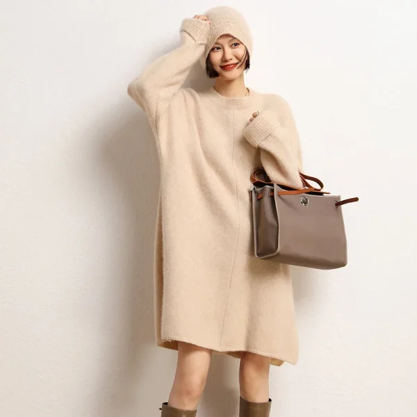 2026 Autumn/Winter New Women's Clothing Loose Round Neck Lazy Style Slit Thick Mid-Length Knitted Dress