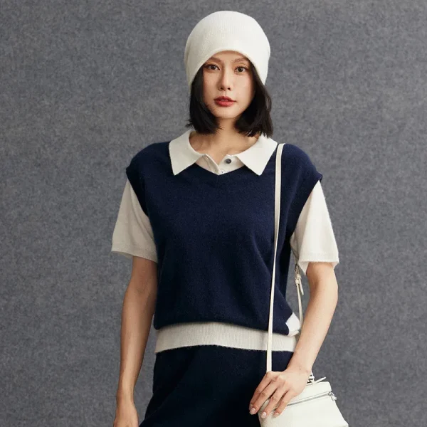 Old Money Aesthetic Women Premium Mongolia Cashmere Polo Shirt Short Sleeve Layered Knitwear Short Cashmere Sweaters