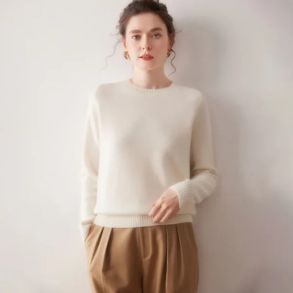 Premium Basic Round Neck Pure Cashmere Top Soft Ribbed Hem Women Knitted Sweaters