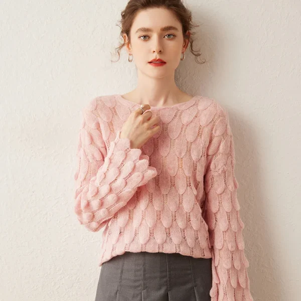 Women's Cashmere Sweater Hollow Feather Design Casual Long Sleeve Thin Knit Wool Pullover Jumper for Spring Autumn