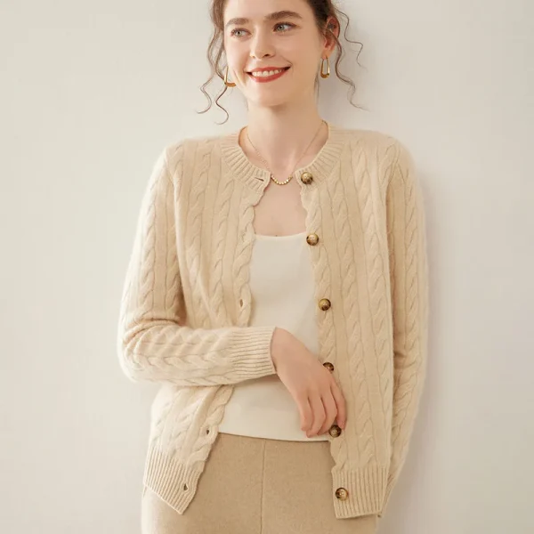 Cable Knit Women's Cashmere Sweaters Cardigan Crewneck Buttoned Braided Wool Outwears Industrial Plant Authorized Merchant