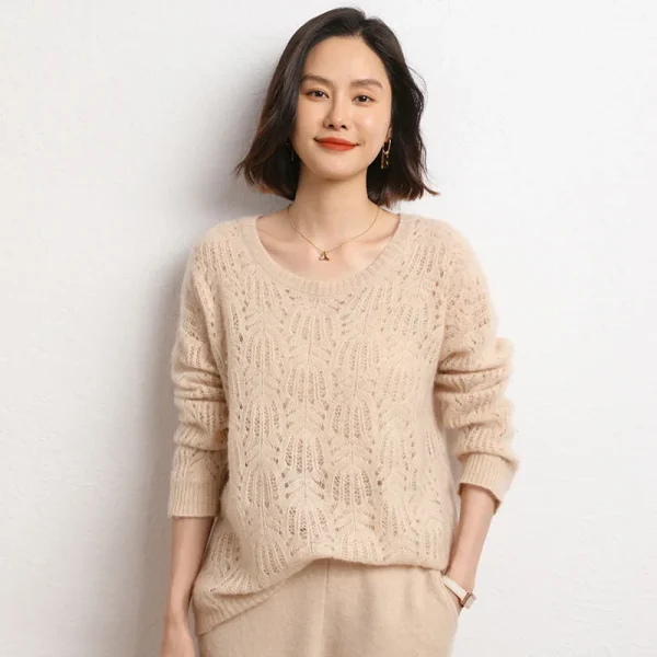Pointelle Open Knit Mongolia Cashmere Sweater Geometric Floral Stitch Lightweight Sheer Cashmere Knitwear French Style