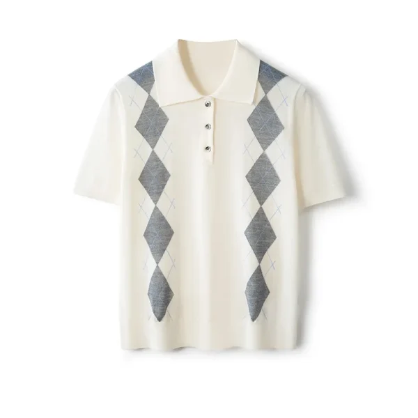 Women's Wool Short Sleeve Top High Quality Jacquard Argyle Diamond Wool Polo Shirt for Summer