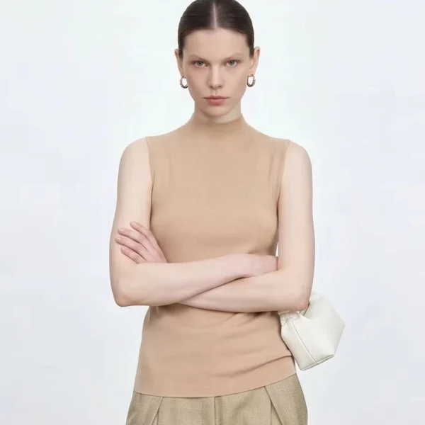Seamless Half-High Collar Knitted Vest Slim Fit Sleeveless Top Wool Knit 100%merino Wool Summer