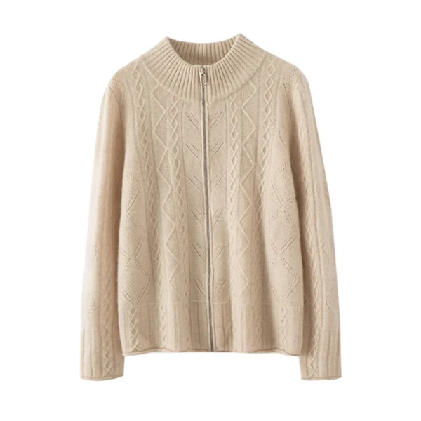 Women's Zip-Up Cashmere Cardigan Casual Stand Collar Cable Knitting Thick Sweater for Winter Office Wear