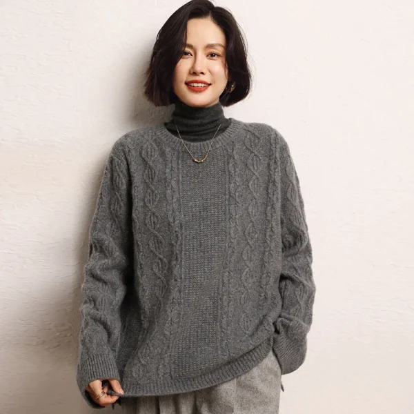 Knitwear Exporter Premium Mongolia Cashmere Round Neck Honeycomb Texture Aran Pattern Loose Sweaters Warm Knit Tops for Women