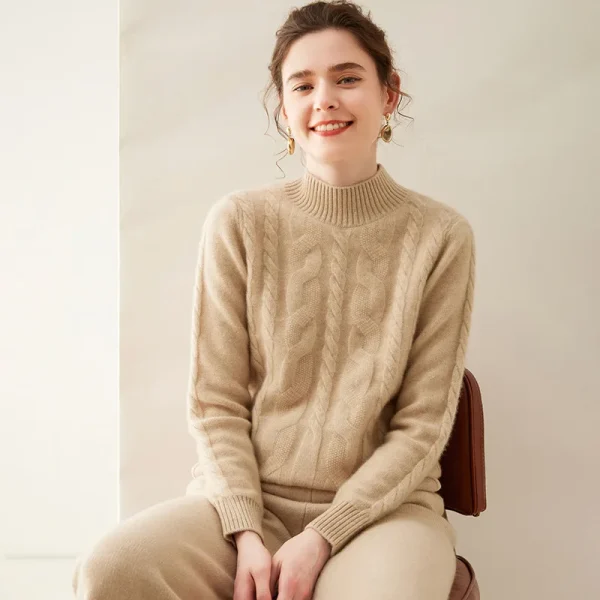 Bulk Garment Mixed Cable Mongolia Cashmere Sweater Women Slouchy Mock-Neck Jumper Ribbed Trim Elegant Apparel Cashmere