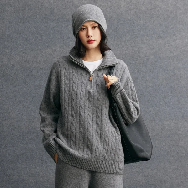 Half Zip Cable Knit Premium Mongolia Cashmere Sweater Winter Warm Quarter Zipper Stand Collar Women Cashmere Pullover Tops
