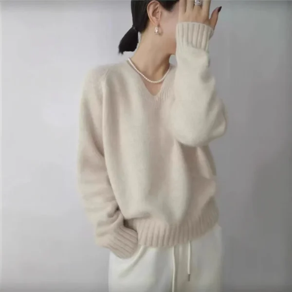 2026 V-neck 100% Wool Solid Sweater for Women Thickened Loose and Casual Style