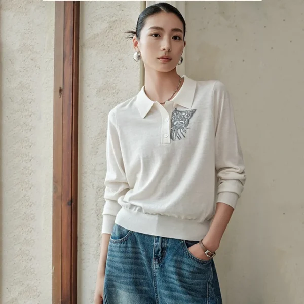 2026 New Women's Worsted Cashmere Polo Sweater Inlaid Patterns Thin Knit Cashmere Pullover for Spring Autumn
