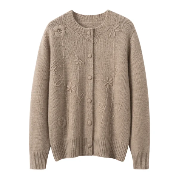 2026 New Style Thick Cashmere Wool  Coat  Loose Round Collar  Embroidered Knitted Cardigan Relaxed Versatile Top