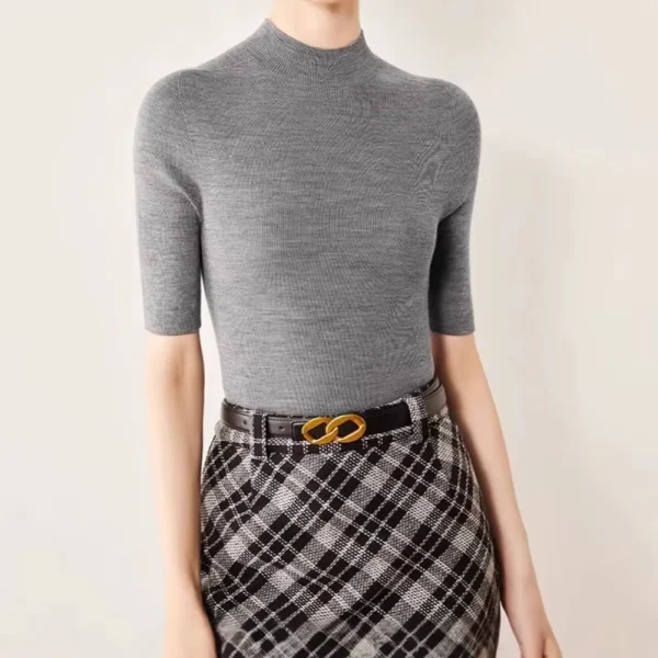 18-gauge Worsted Machine-washable 100% Wool Knit Sweater, Women's Mid-sleeve Autumn Yangtze Yarn Mock Neck Slim-fit Base Layer
