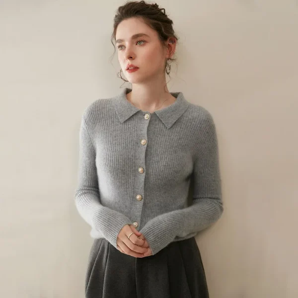 Women's Lapel 100% Cashmere Cardigan Luxury Polo Collar Loose Single Breasted Long-sleeved Knit Cashmere Sweater Winter