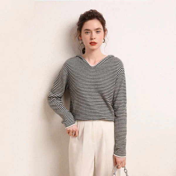 Women's Cashmere Blend Striped Knit Hoodie Sweater V Neck Lightweight Pullover for Spring Autumn