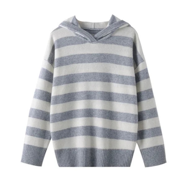 Women's Cashmere Hoodie Oversized Thick Knit Pullover Winter Striped Sweater