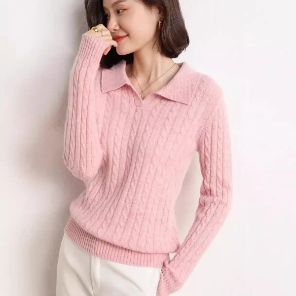 Best Selling Women Cashmere Sweater Polo Collar Classic Long Sleeve Cable Knit Pullover Fashionable Soft Jumper
