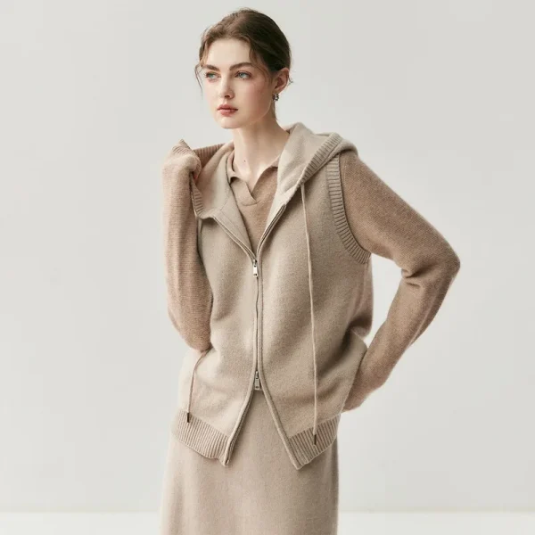 Private Label Women's Sleeveless Cashmere Hoodies High Quality Winter Thick Knitted Zipper Vest Cardigan