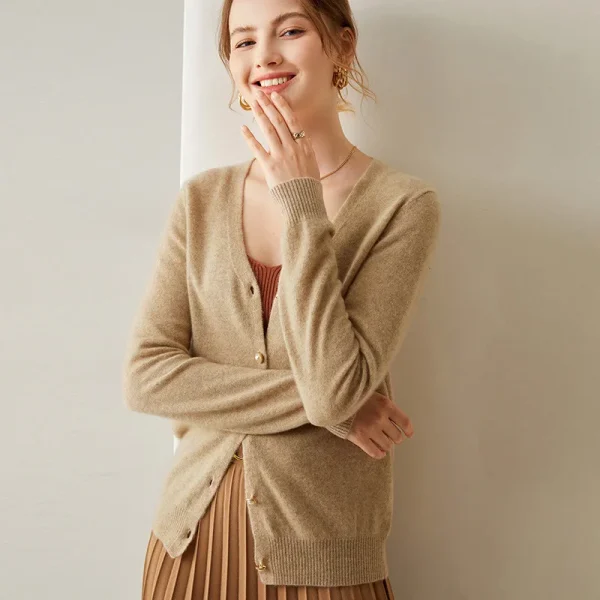 Women's Thin Wool Cashmere Cardigan Spring Knitted Solid Color Long Sleeves V Neck Cardigan Sweater