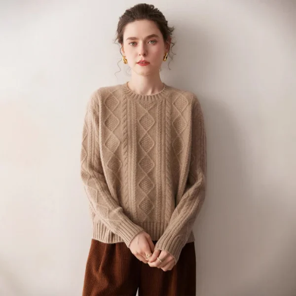 Autumn Winter Women's Cashmere Sweater Crew Neck Long-sleeve Thick Cable Knitting Pullover Fashionable Short Style Jumper