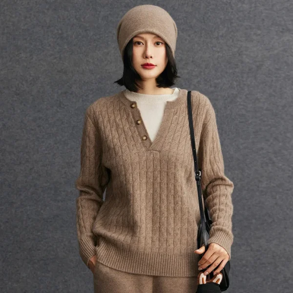 Manufacturing Cashmere Sweaters Mock 2-Piece Design Layered Look Cable Knit Henley Neck Buttoned Cashmere Pullovers