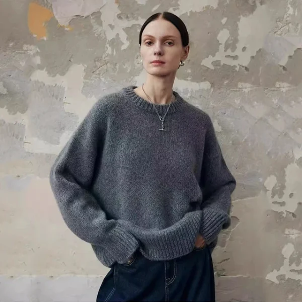 Women's Crew Neck Wool Sweater Solid Thick Drop Shoulder Style Pullover Mujer Full Sleeve O-Neck Loose  Merino Wool Clothing
