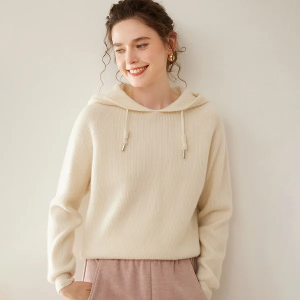 Ribbed Hooded Premium Mongolia Cashmere Pullover Metal Tips Raglan Cashmere Athleisure Loungewear Physical