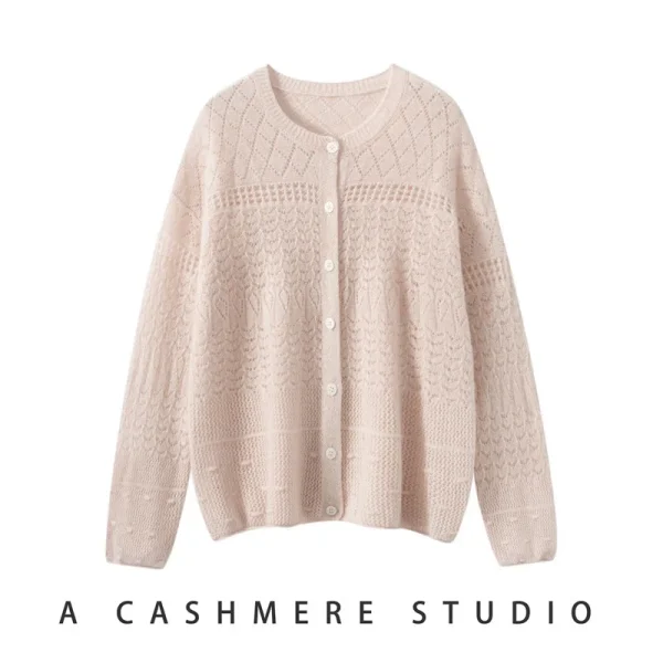 Hollow Out Openwork 100 Pure Cashmere Cardigan Single Breasted Round Neck Women Knit Coat B2B