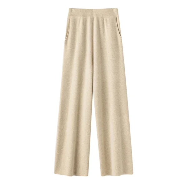 Autumn Winter Women 100% Wool Pants Elegant Loose Rib Knit Casual Loose Women Straight Pants with Pocket