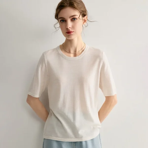 2026 New Women's Round Neck Short-sleeved 18gg 100% High-quality Wool Sweater Pullover Knitwear for Summer