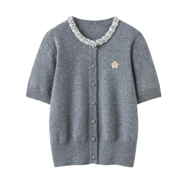 Spring New Women's Wool Cashmere Short-sleeve Cardigan Jewelry Neckline Knitted T-shirt Tops / Designer
