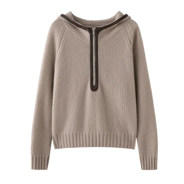 Women's Wool Cashmere Half Zip Hooded Sweater Contrast Color Design High Quality Loose Knitted Pullover Jumper