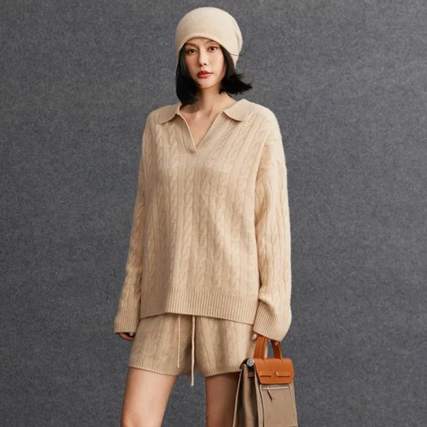 B2B Luxury Wool Cashmere Sweaters V Neck Collared Long Sleeve Oversized Cable Knitted Top