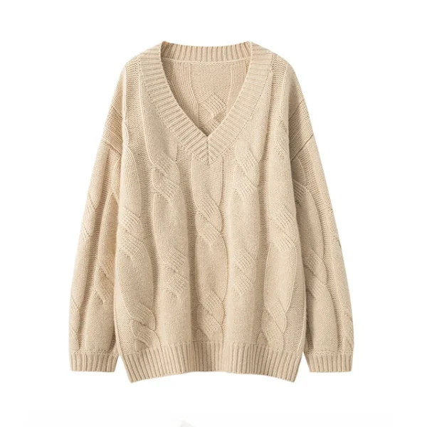 Winter Women's Cashmere Sweater High Quality V-neck Cable Knit Pullover with Tall and Large