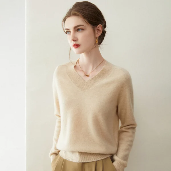 Best Selling Women Cashmere Sweater v Neck Classic Long Sleeve Pullover Fashionable Soft Jumper