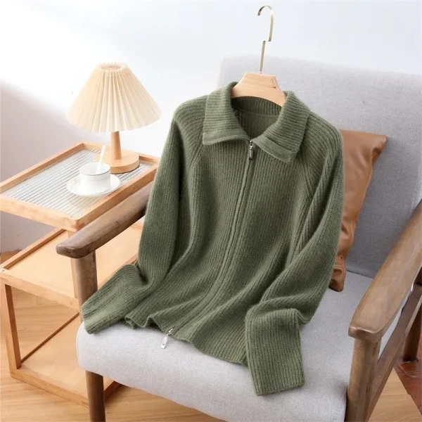 High Quality Women's Double Zipper Cashmere Cardigan for Autumn and Winter Thick Solid Color Sweater Coat
