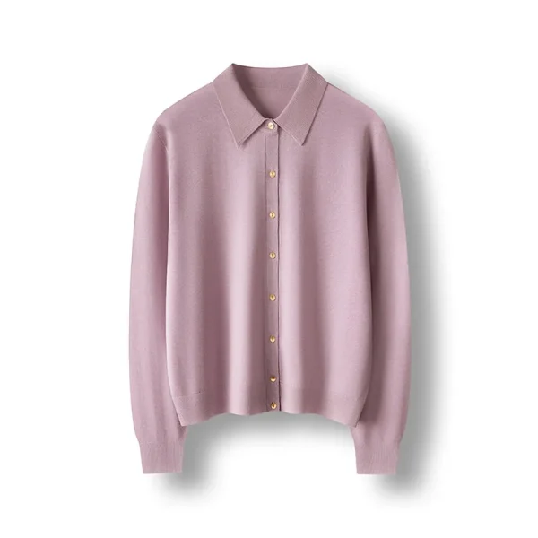 Machine Washable 100% Worsted Wool Casual Elegant Shirt POLO Collar Knitted Cardigan for Women