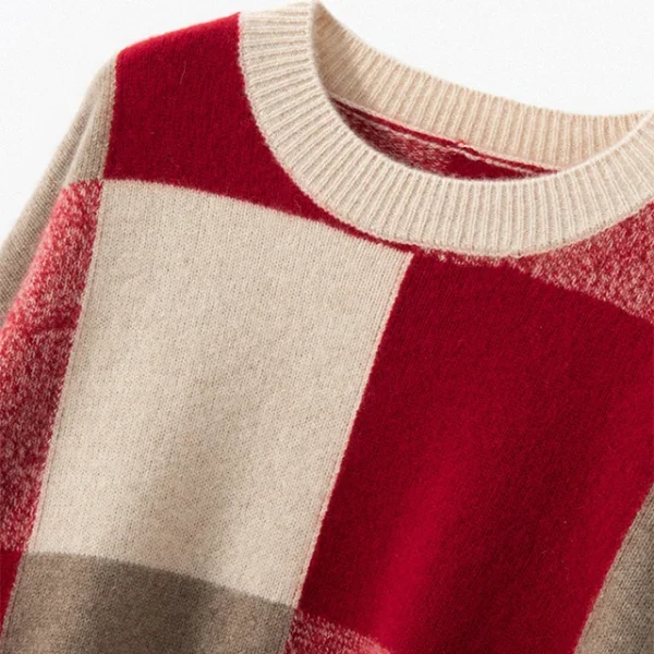 Women's Checkered Cashmere Sweater Color Block Knit Crew Neck Loose Fit Drop Shoulder Winter Cashmere Pullover