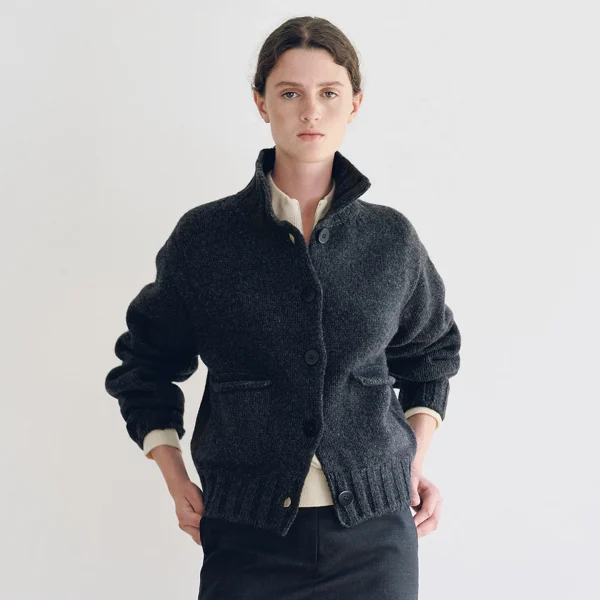 Women 100% Wool Knitted Cardigan Coat Rib Hem V Neck  Winter Warm Thick Long Sleeve Button up Cropped Sweater