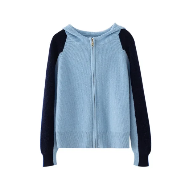 Women's Cashmere Hooded Cardigan Full Zip Knit Patchwork Design