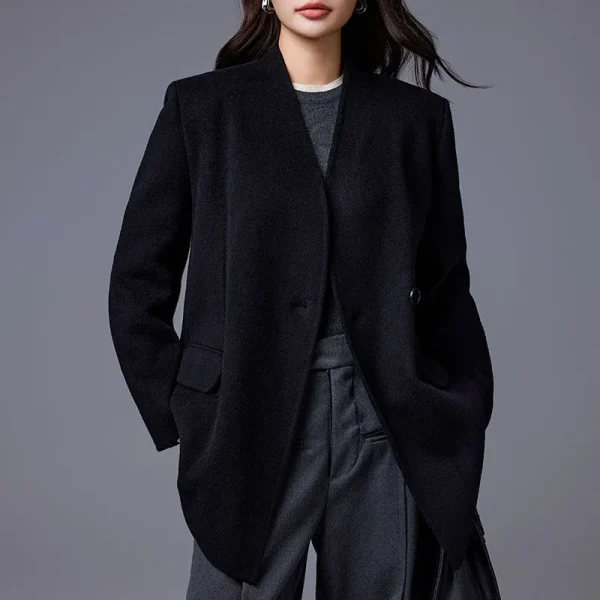 New Elegant Simple FashionVintage Half-Height V-Neck Wool Suit Short Coat for Women