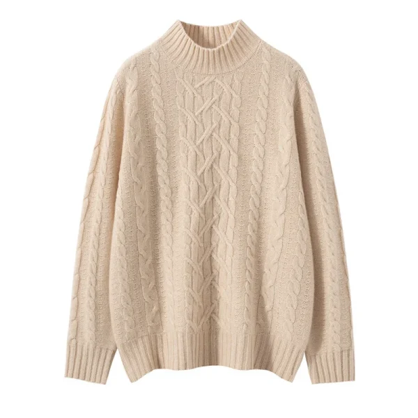Women's Half High Cashmere Sweater Autumn Winter Cable Knit Wool Pullover Jumper Mongolia Knitting