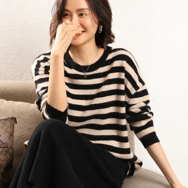 Breton Striped Mongolia Cashmere Sweaters Relaxed Crew-Neck Jumper Slouchy Modern Cashmere Apparel Vendor