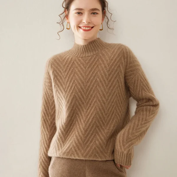 Export Mongolia Cashmere Sweater Herringbone Knit Mock Neck Pullover Drop Shoulder Chevron Pattern Cashmere Jumper