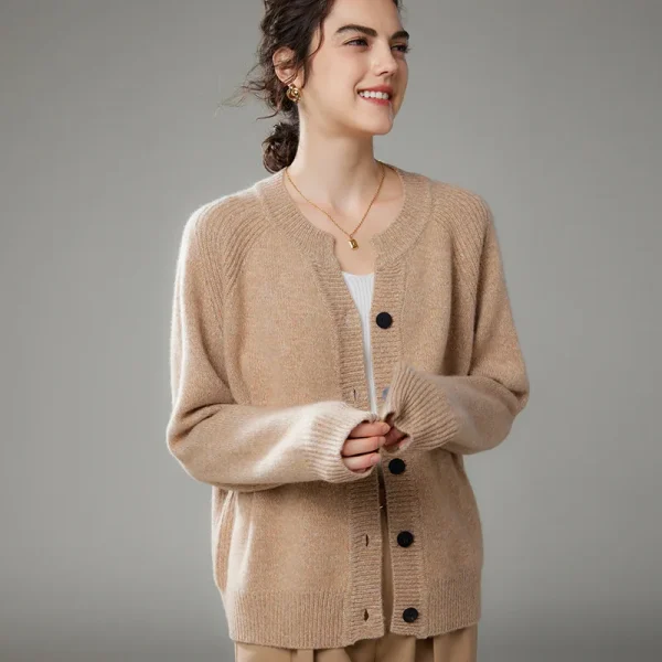 Direct Manufacturing Knit Mongolia Cashmere Cardigan Contrast Button Jumper Wide Ribbed Cashmere Outerwear for Women