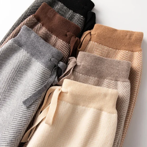Designer Lady Merino Wool Pants Fashion Herringbone Pattern Wool Pants Women High-waisted Loose Wide-leg Wool Pants