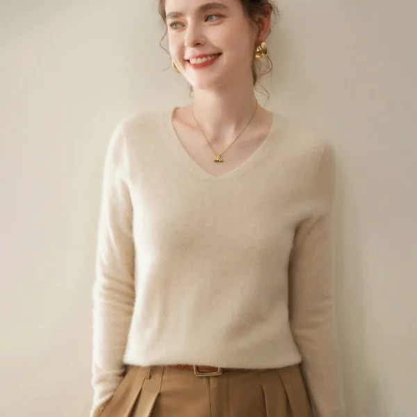 Women's Mongolia Cashmere Sweater Simple Versatile Loose V Neck Wool Cashmere Knit Pullover for Fall Winter